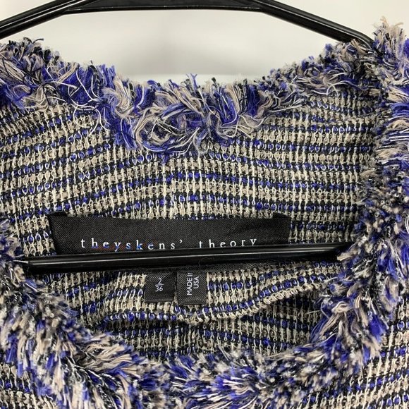 Theyskens' Theory Jossak Jacket Womens 2 Blue Tweed Stretch Button Fray Trim - Picture 4 of 11